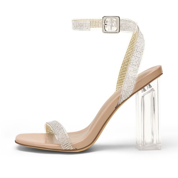 Square Toe Clear Chunky Heel Sandals - NUDE CLEAR RHINESTONE - 3